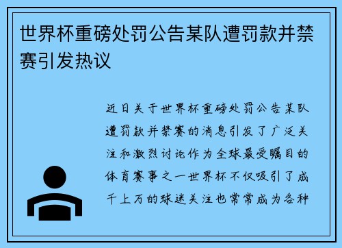 世界杯重磅处罚公告某队遭罚款并禁赛引发热议