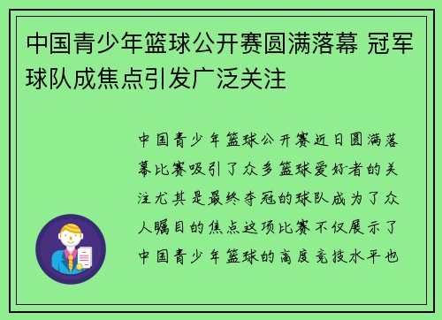 中国青少年篮球公开赛圆满落幕 冠军球队成焦点引发广泛关注